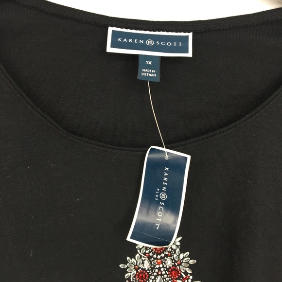 Karen Scott Embellished Christmas Tree Black Top - Picture 5 of 8